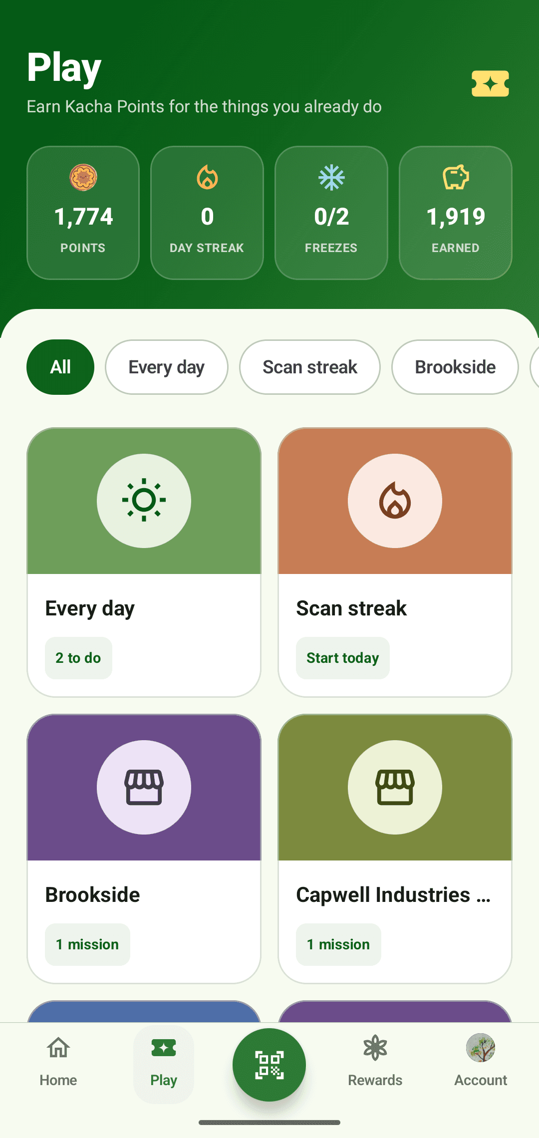 The Play tab in the Kacha app: streak, points and freezes at the top, with shelves of daily goals and missions from brands below.